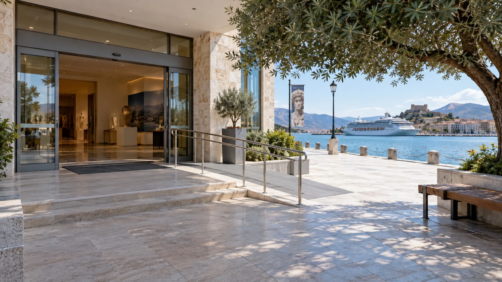 Wide automatic museum doors and a ramp beside a cruise waterfront