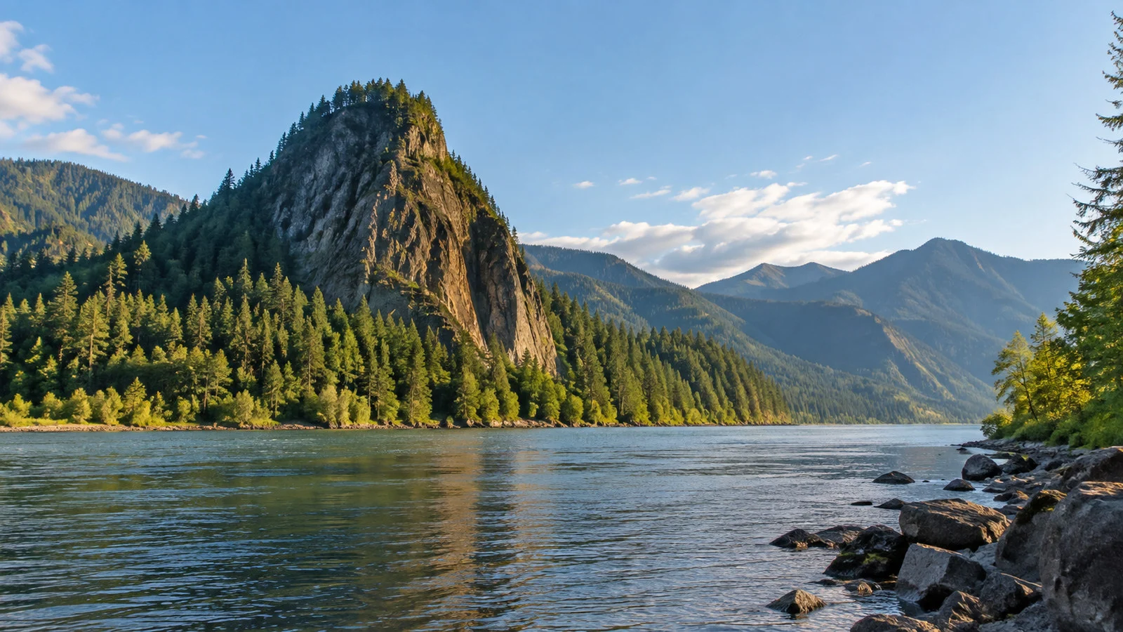 Beacon Rock rising above the Columbia River near Stevenson Washington, dramatic basalt monolith and forest, no people