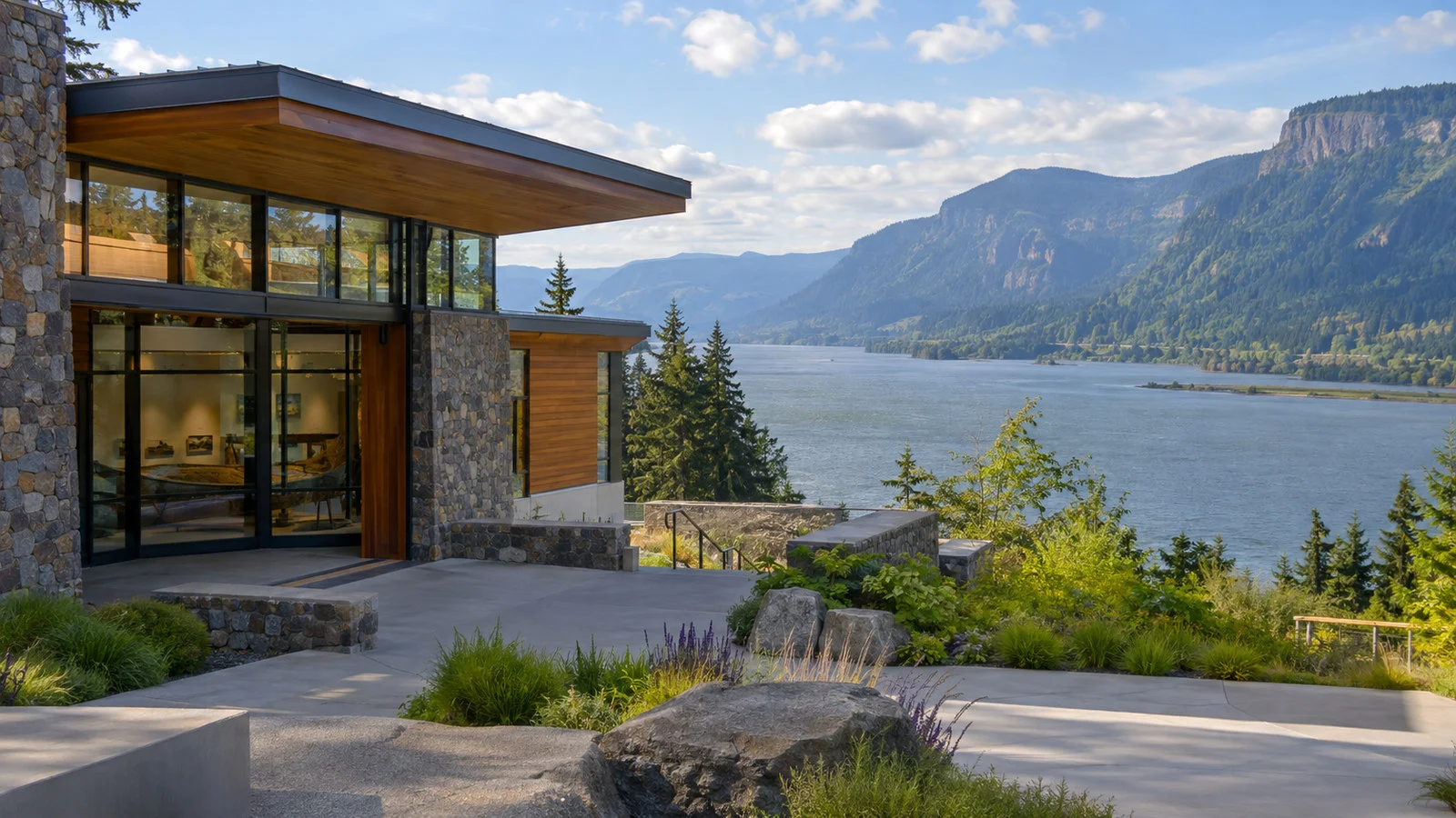 Columbia Gorge Museum Stevenson Washington modern museum exterior with river gorge landscape, no people or readable signs
