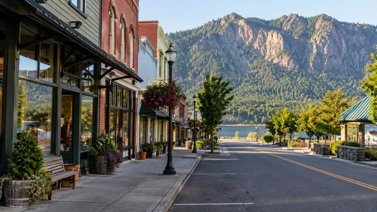 Downtown Stevenson Washington small historic storefront street with Cascade cliffs and no people