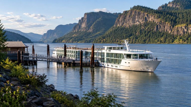 River cruise vessel moored at Stevenson Washington on Columbia River with dramatic Columbia Gorge cliffs behind, no people