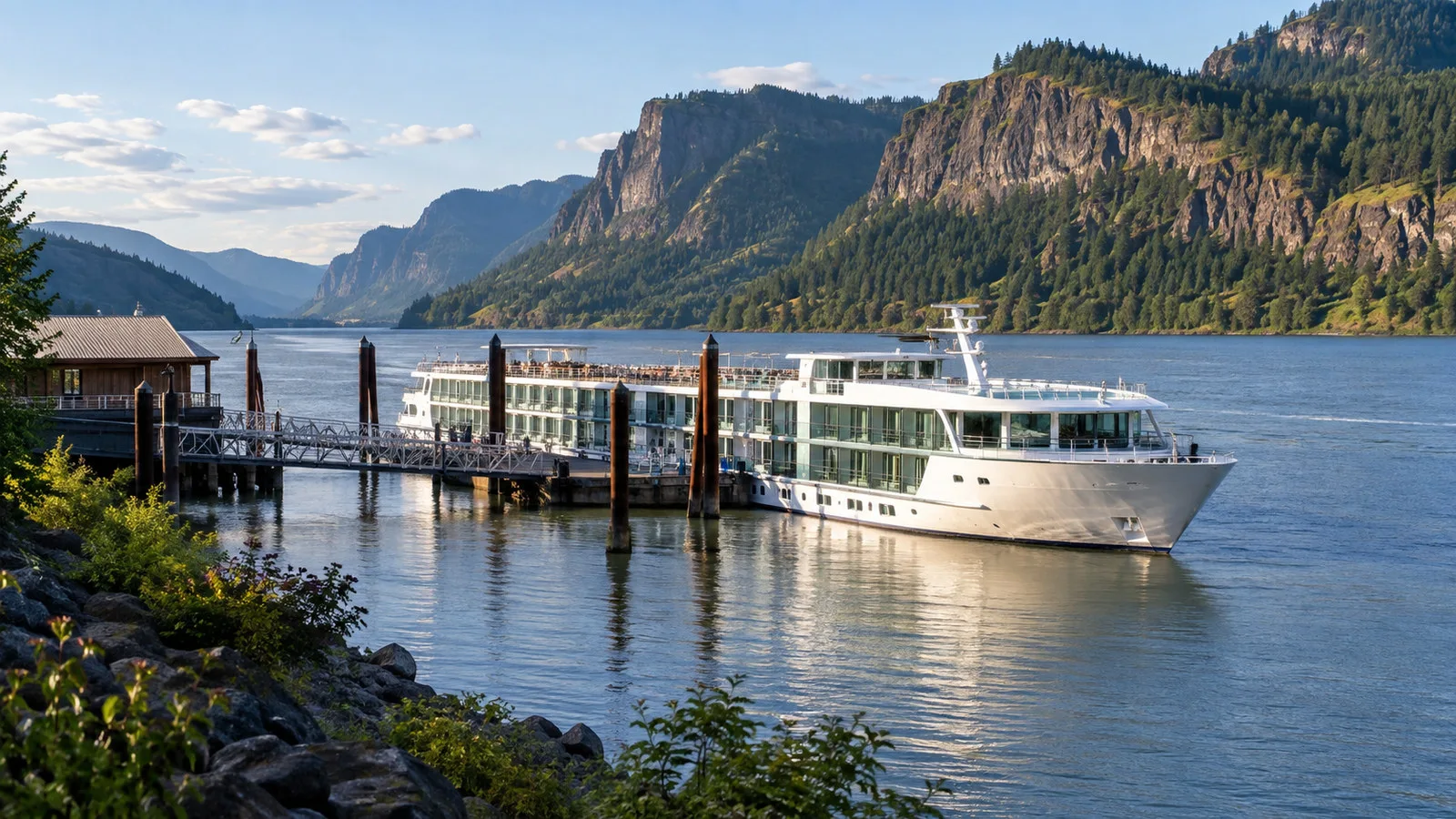 River cruise vessel moored at Stevenson Washington on Columbia River with dramatic Columbia Gorge cliffs behind, no people