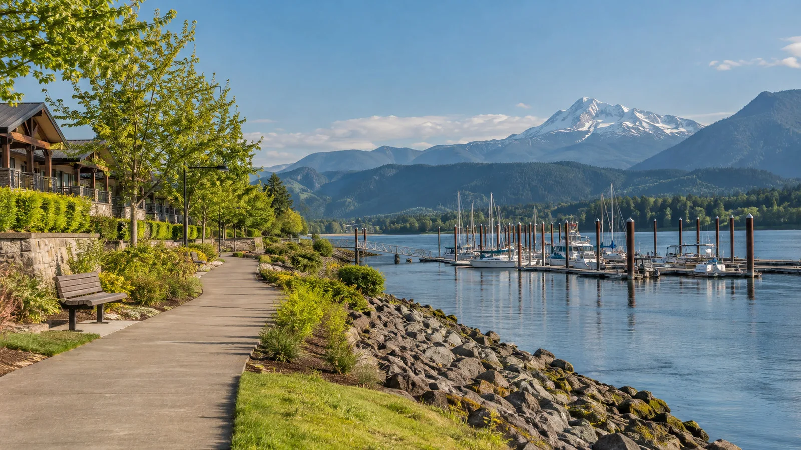 Stevenson Columbia River waterfront walking path and marina with Cascade Mountains, no people