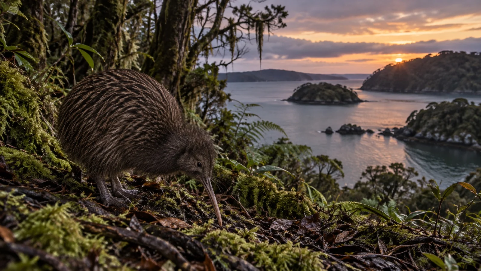 Brown kiwi bird in Stewart Island coastal forest