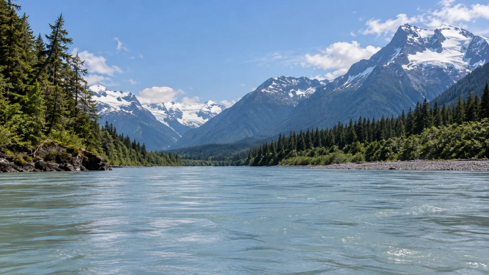 Wide Stikine River flowing between forested mountains near Wrangell