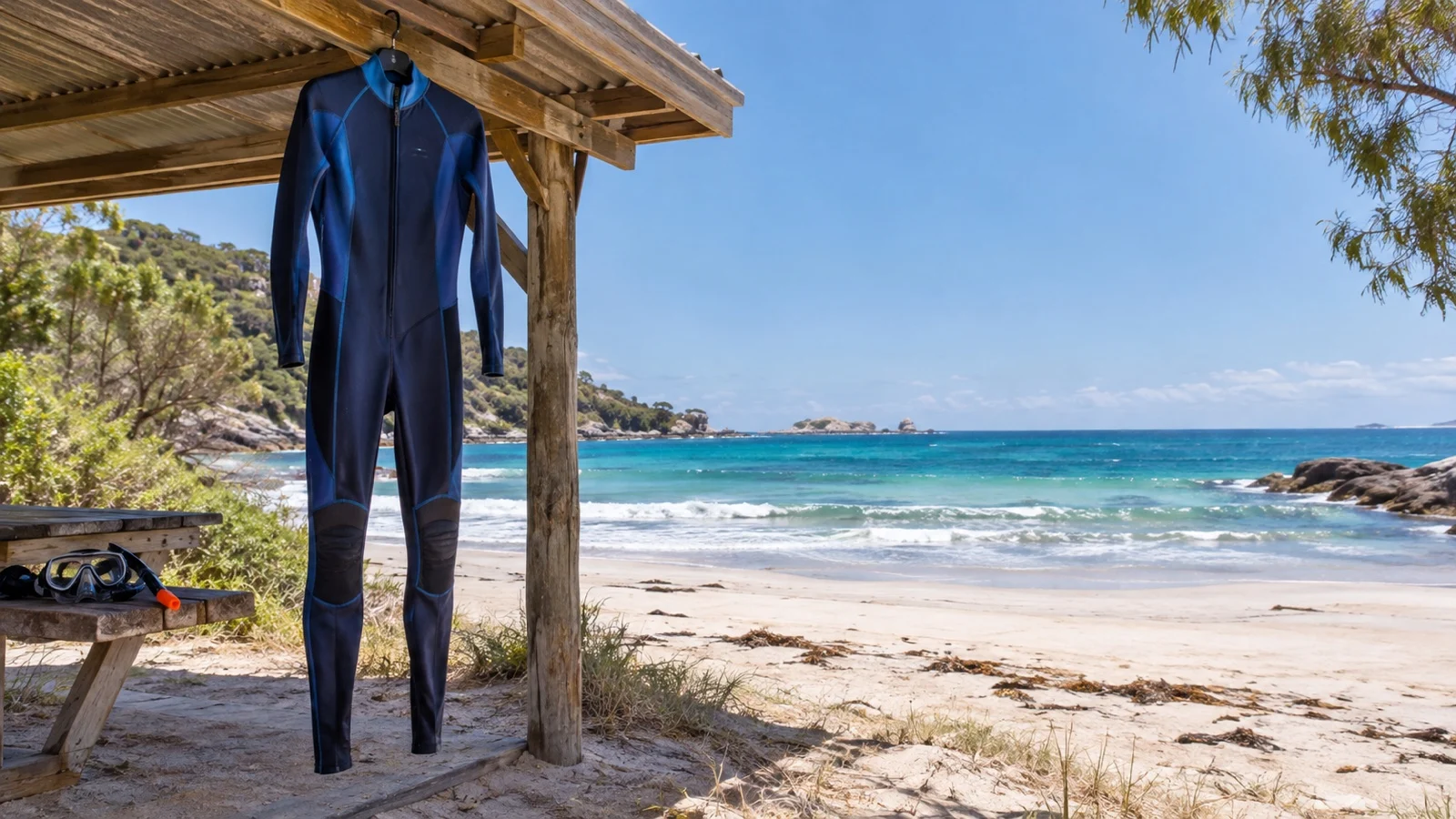Full-body stinger suit hanging on beach shelter with no wearer