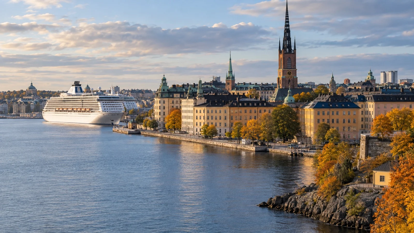 Cruise ship beside Stockholm waterfront in early autumn