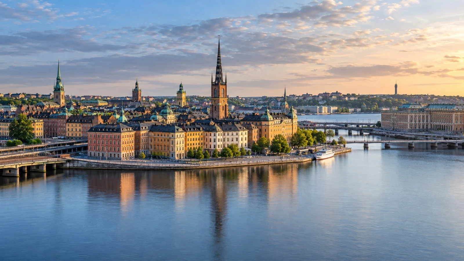 Panoramic Stockholm city center and waterfront with Gamla Stan, bridges, hotels and calm water