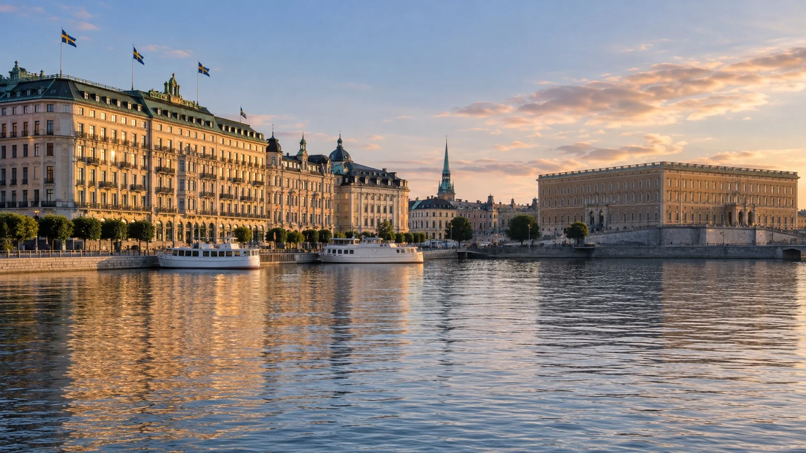 Grand Hôtel district facing Stockholm's Royal Palace across the water, elegant waterfront hotel buildings