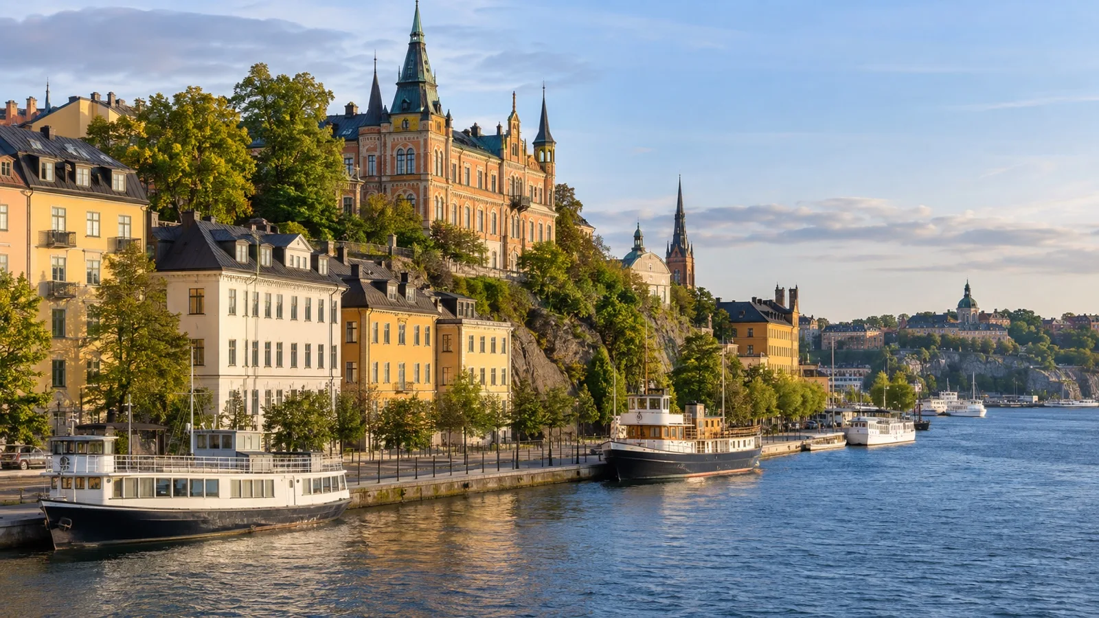 Södermalm waterfront in Stockholm with midrange hotels, old buildings and harbor views