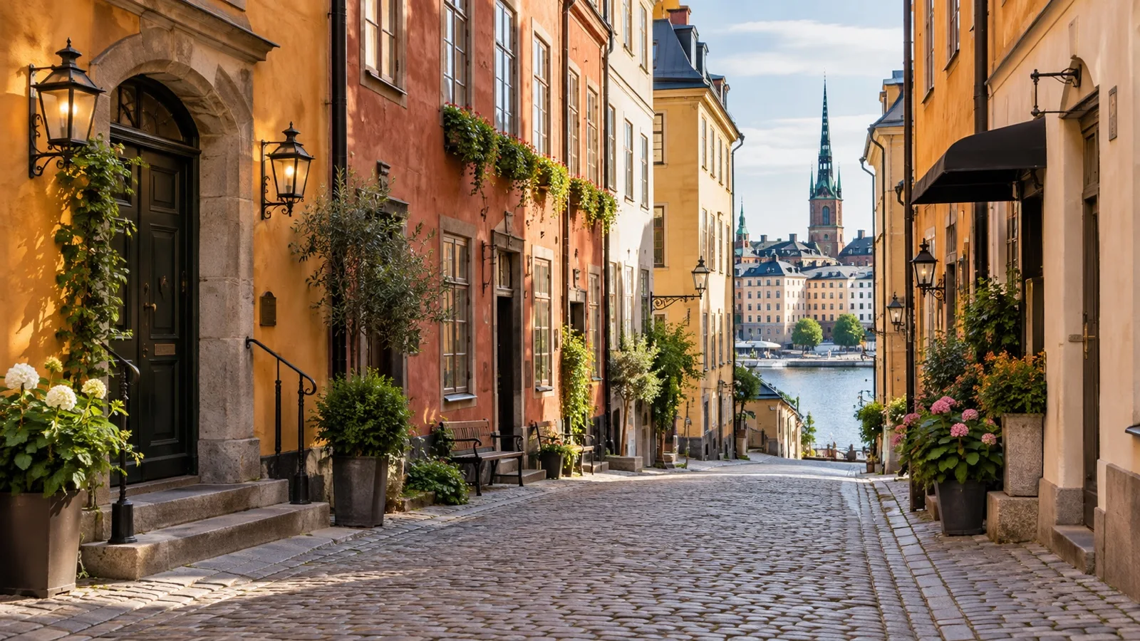 Quiet Gamla Stan cobblestone lane with colorful historic buildings and small hotels