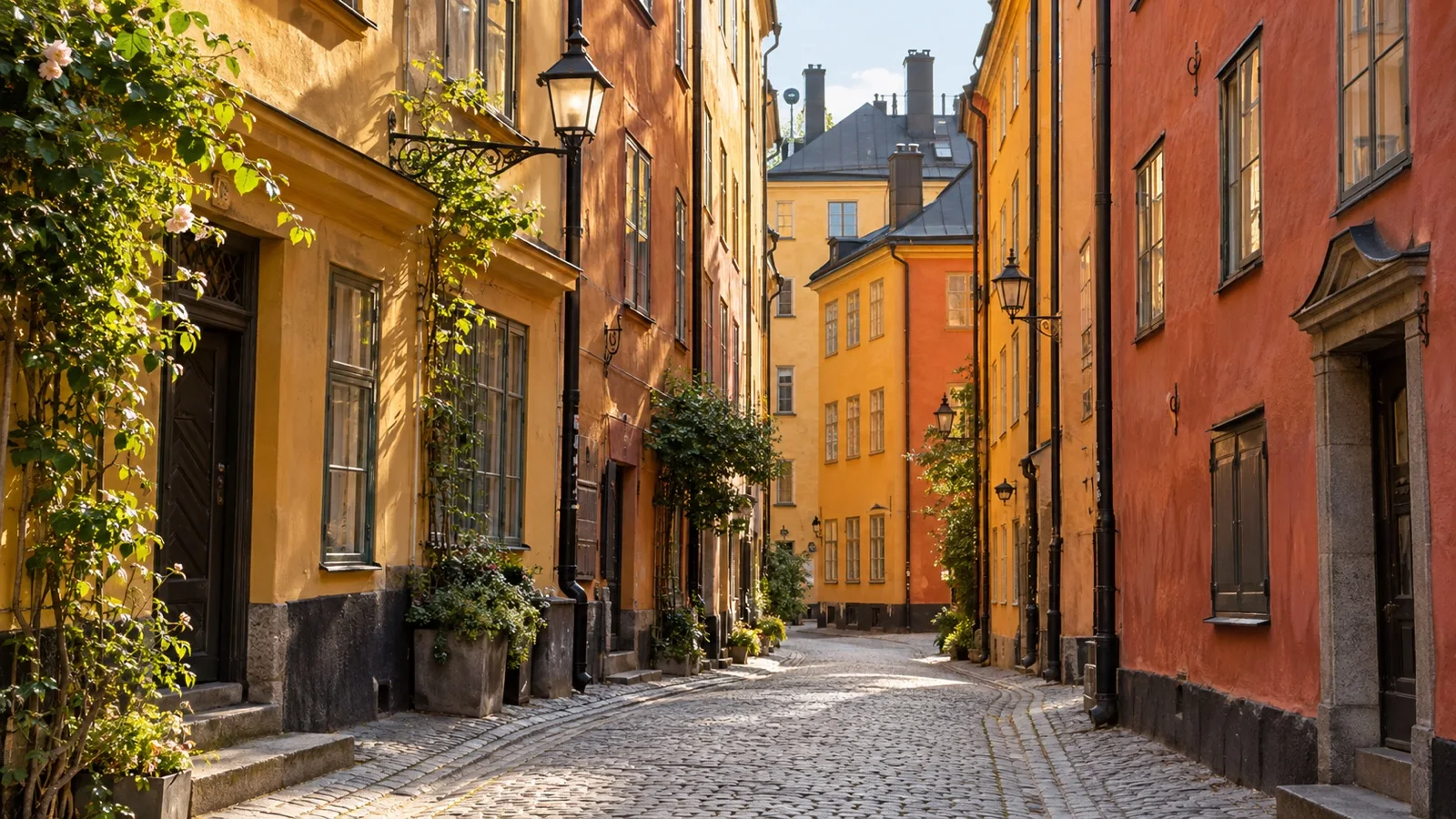 Empty cobblestone lane among historic buildings in Stockholm Gamla Stan