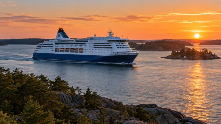 Baltic overnight ferry departing Stockholm through the archipelago