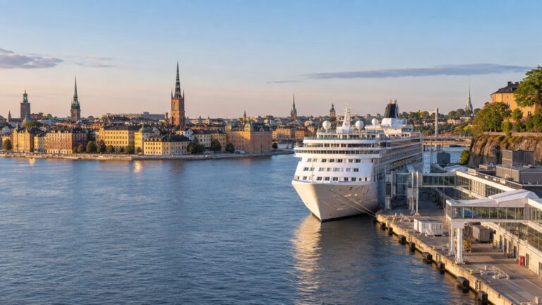 Stockholm cruise berth at Stadsgården with a white cruise ship beside the harbor and historic Gamla Stan skyline