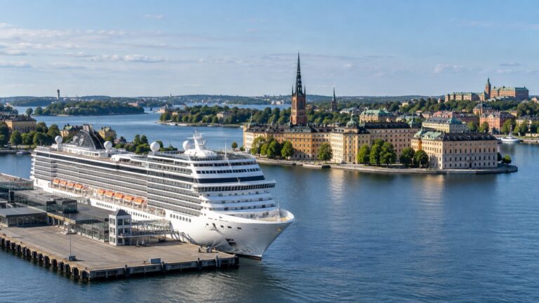 Cruise ship at a Stockholm city harbor berth with waterfront islands behind