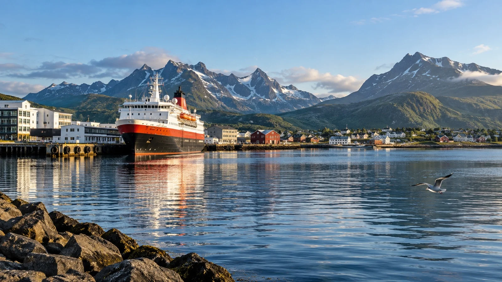 Stokmarknes harbor and Vesterålen mountains