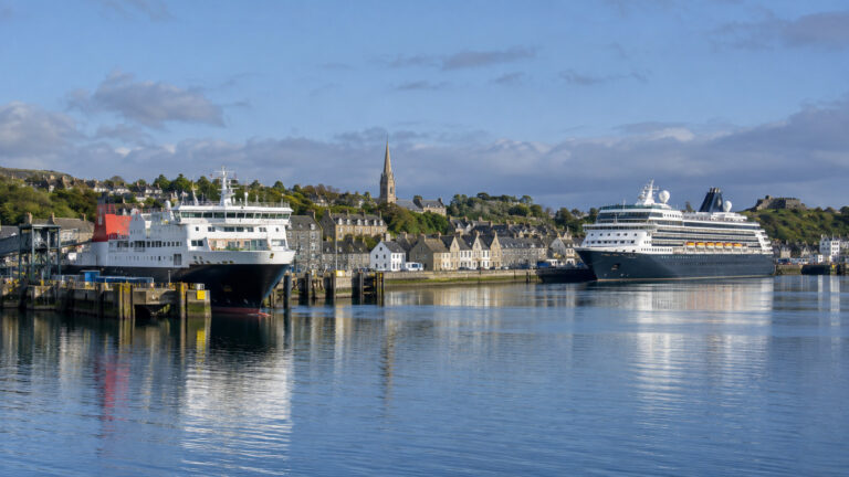 Ferry and cruise ship in Stornoway harbor on the Isle of Lewis