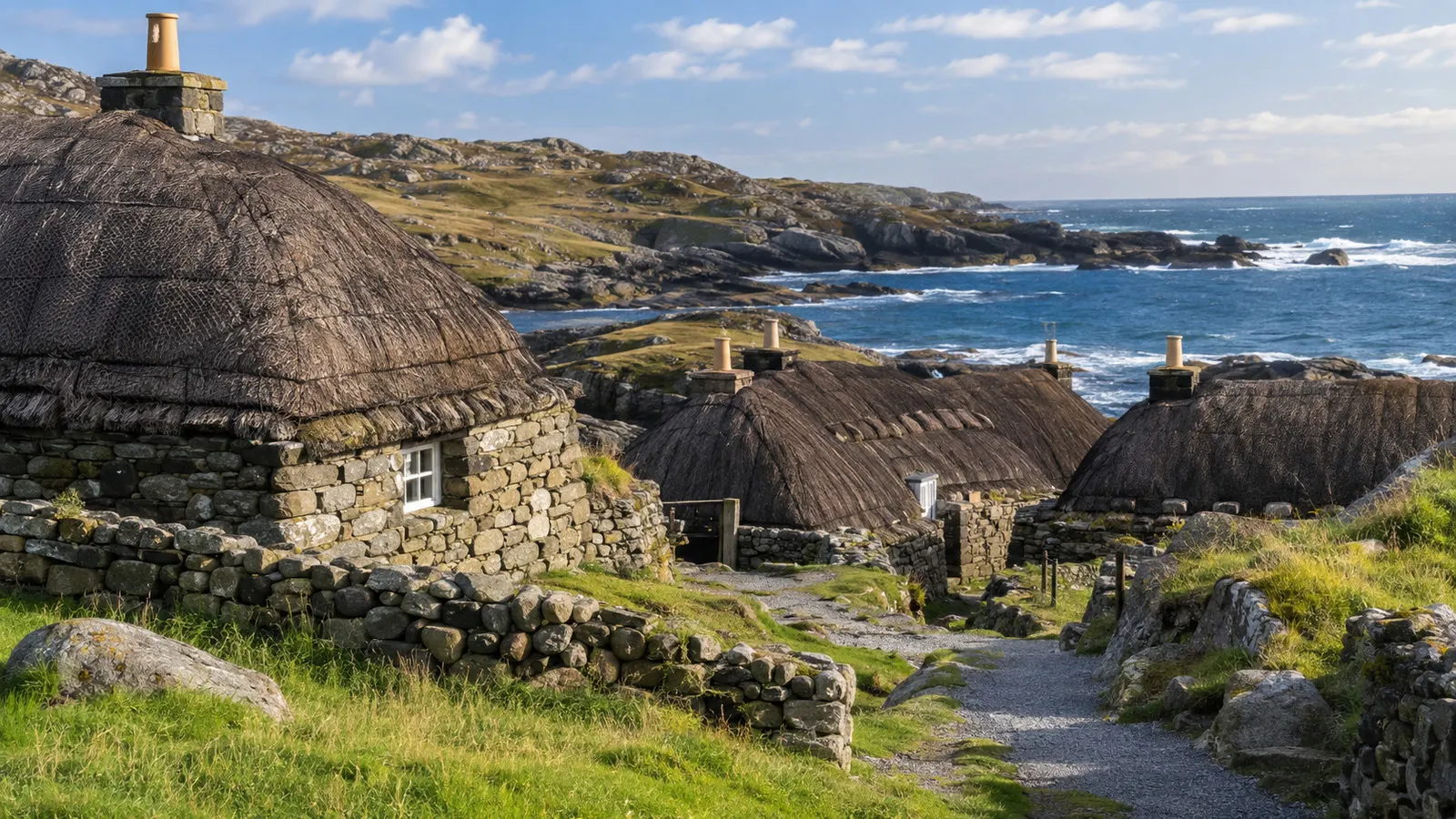 Gearrannan Blackhouse Village beside the Atlantic coast