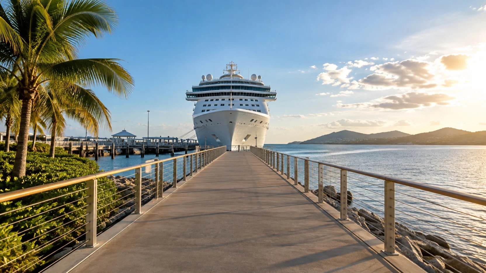 Straight waterfront path with a cruise ship clearly visible ahead