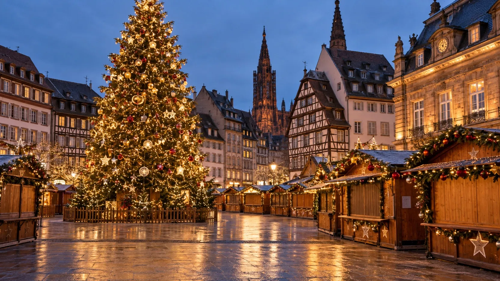 Christmas tree and empty market stalls in Strasbourg’s old center