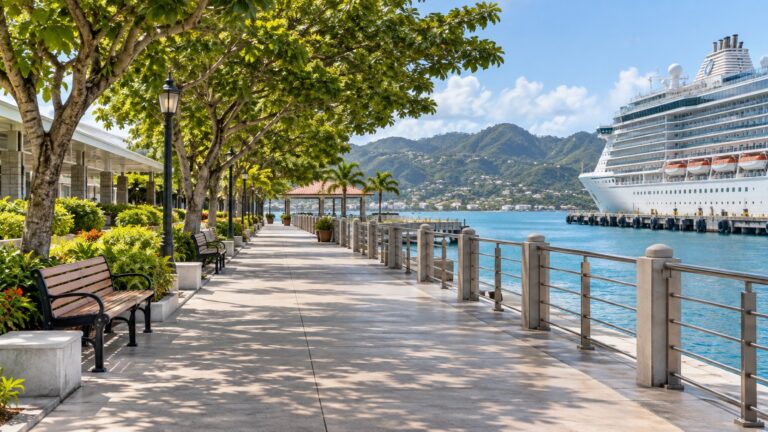 Broad level shaded cruise-port walkway beside a docked ship