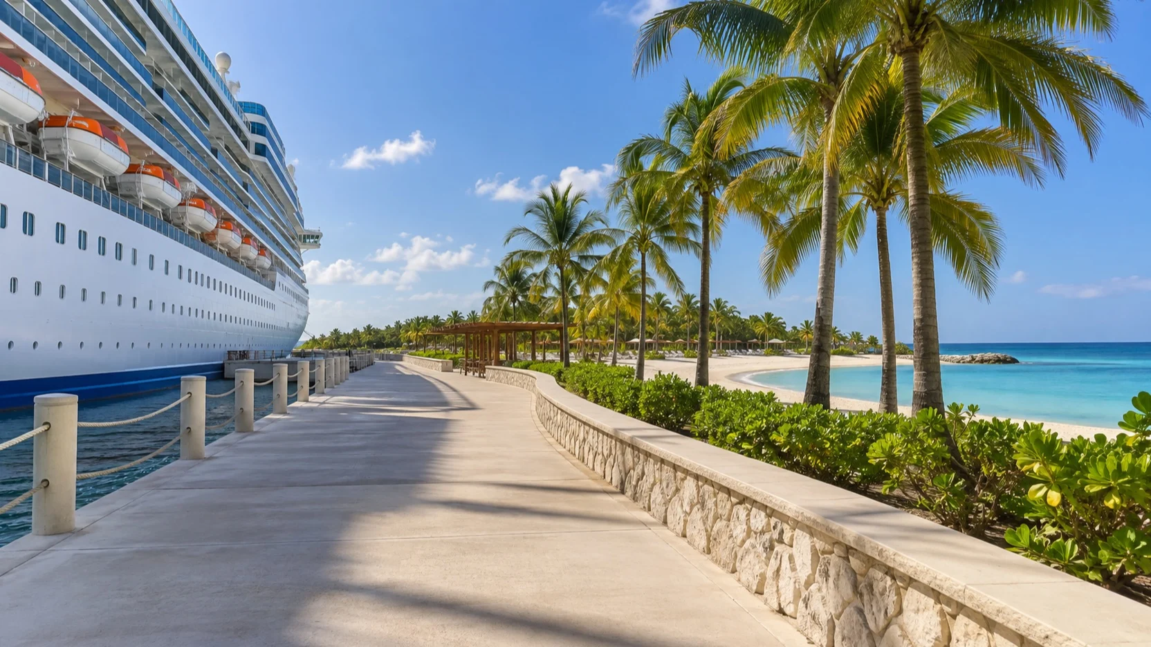 Wide stroller-friendly walkway from a cruise ship toward a tropical beach