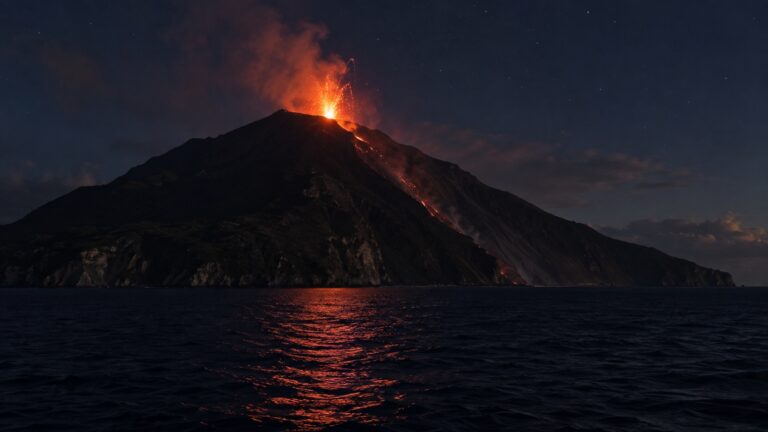 Stromboli volcano erupting above the Tyrrhenian Sea during a nighttime cruise sail-by.