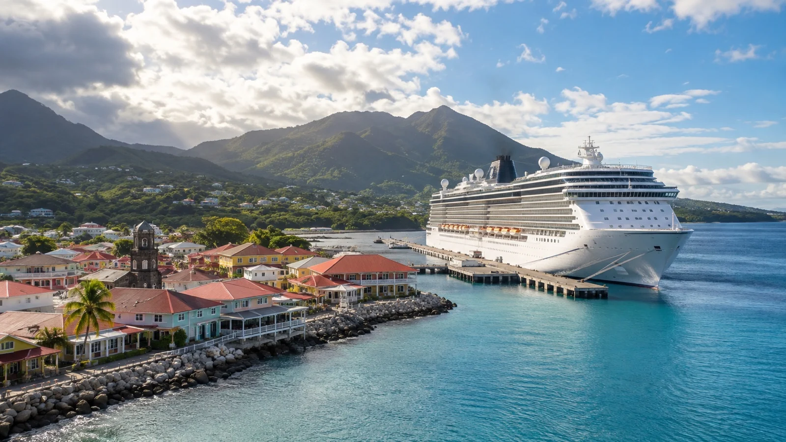 Cruise ship at an alternate island port under clearing skies