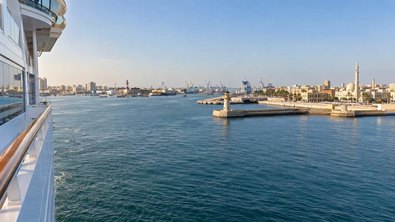Cruise ship entering Port Said at northern end of Suez Canal