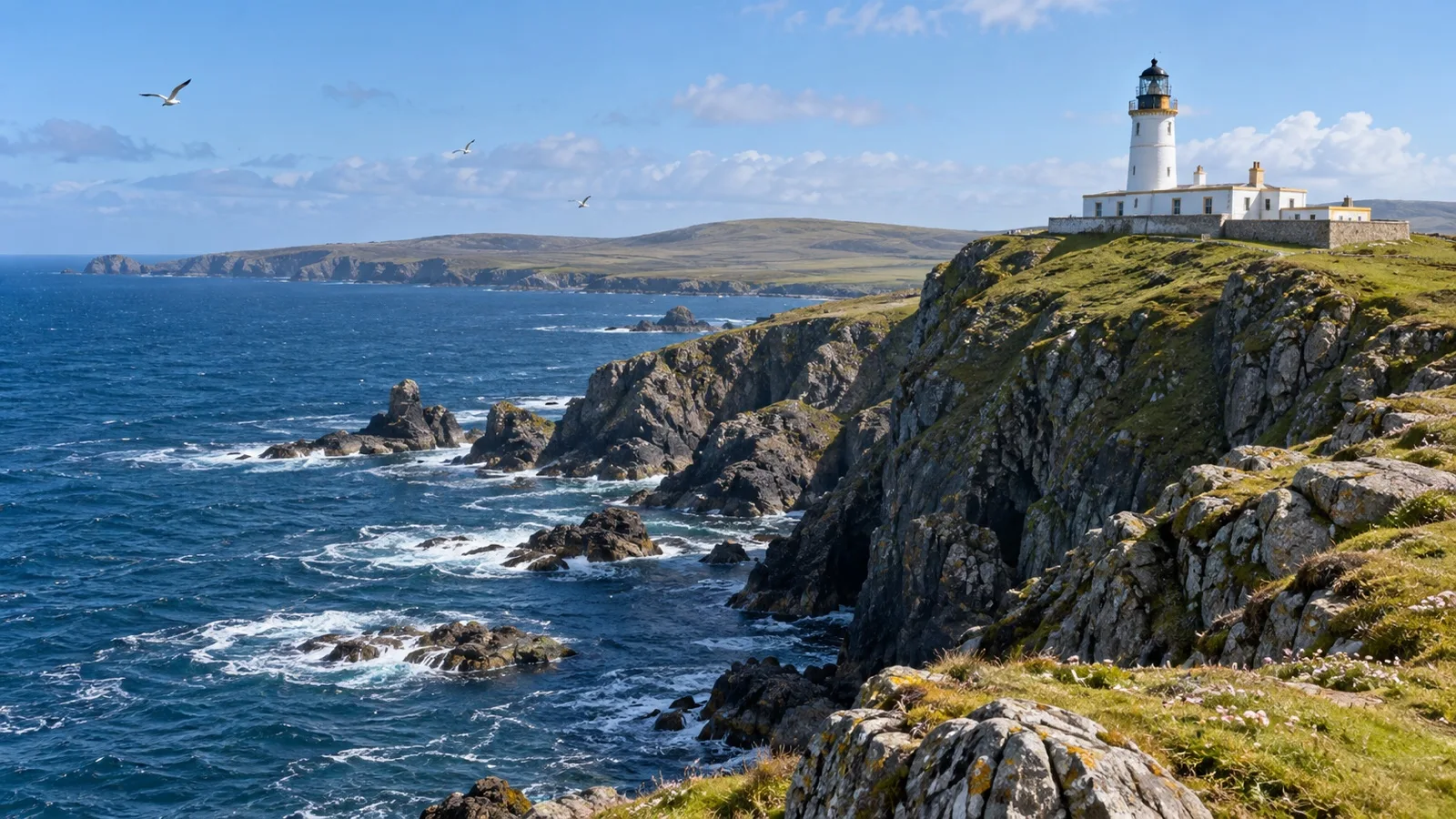 Sumburgh Head lighthouse above rugged Shetland cliffs