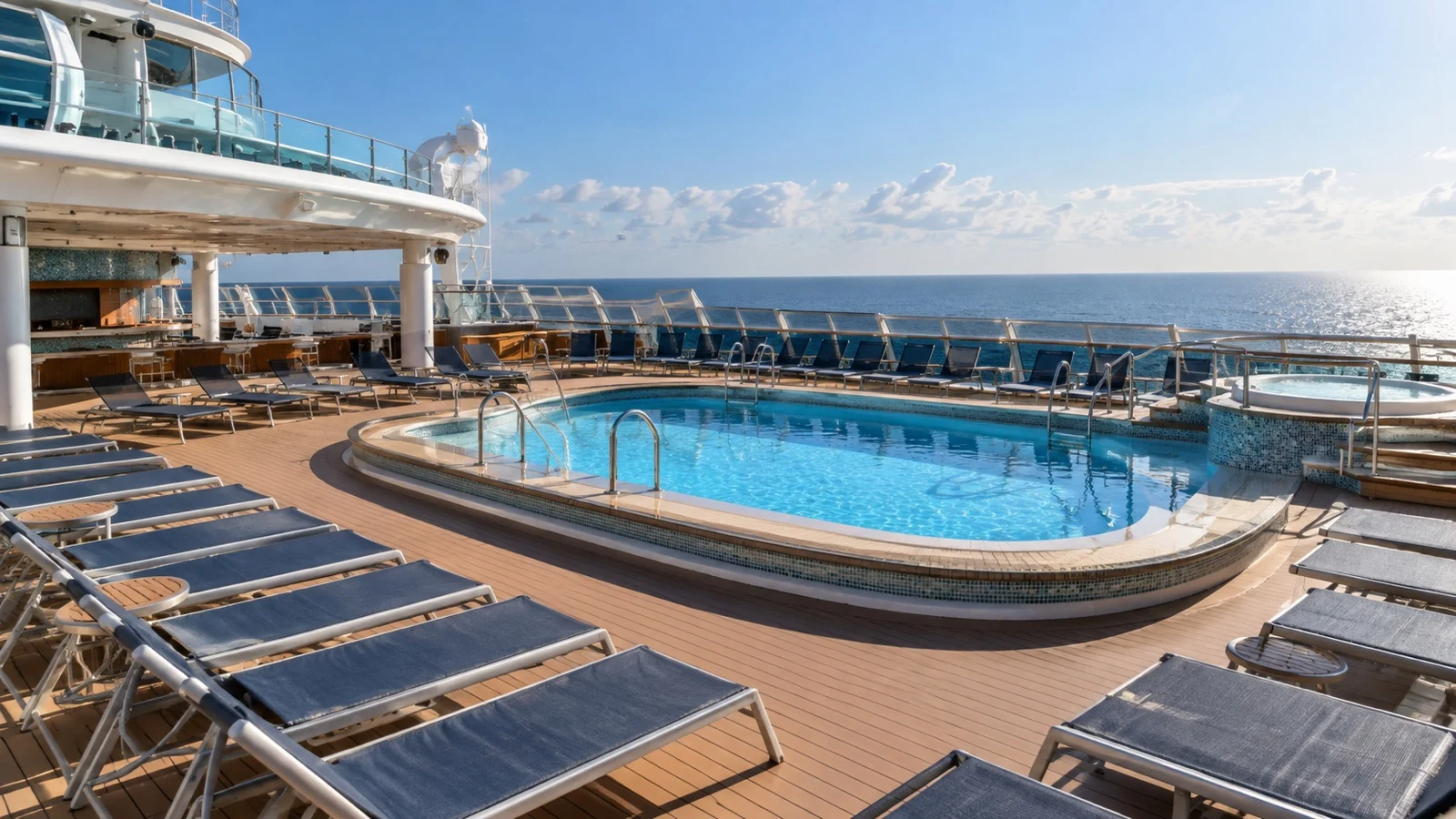 Empty sunlit cruise ship pool deck with rows of loungers during summer
