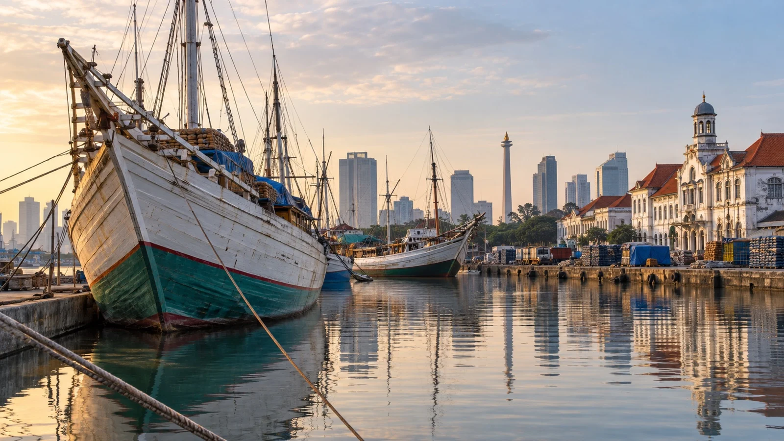 Traditional wooden pinisi boats at Sunda Kelapa harbor