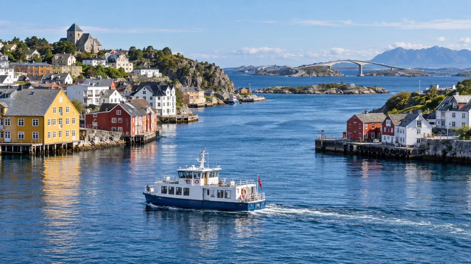 Small Sundbåten ferry crossing Kristiansund harbor