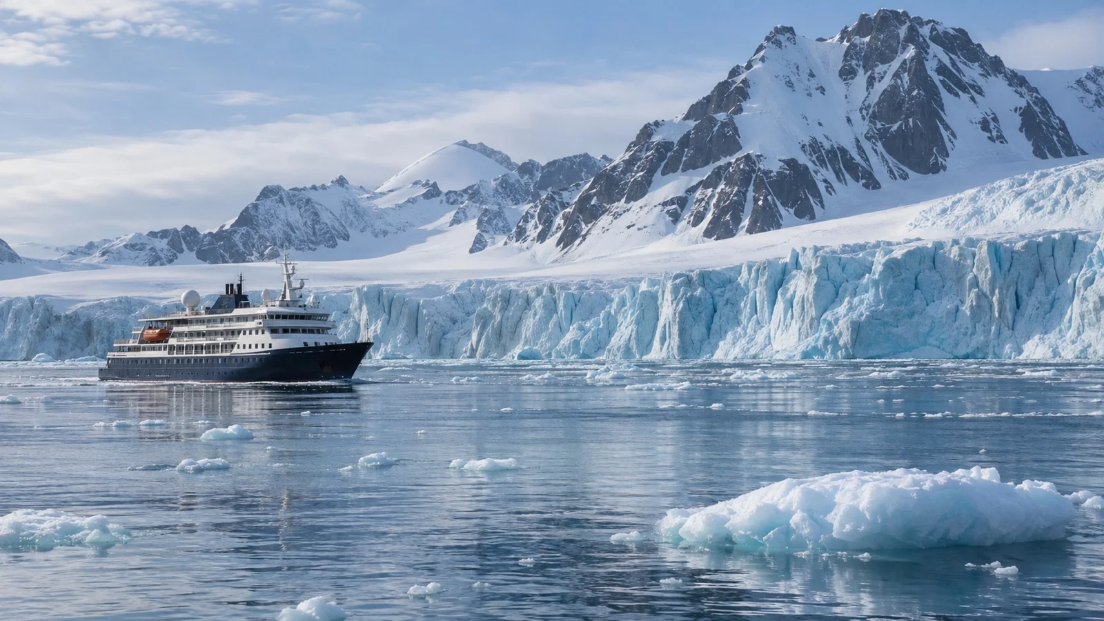 Small expedition ship near Svalbard sea ice