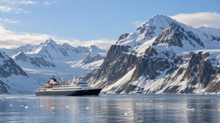 Expedition cruise ship in Svalbard fjord