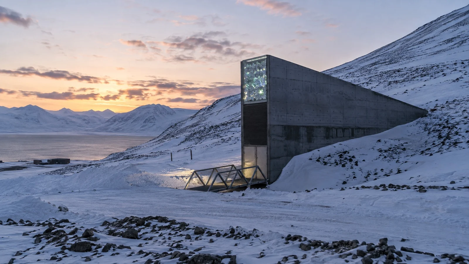 Exterior entrance of the Svalbard Global Seed Vault in a rocky hillside