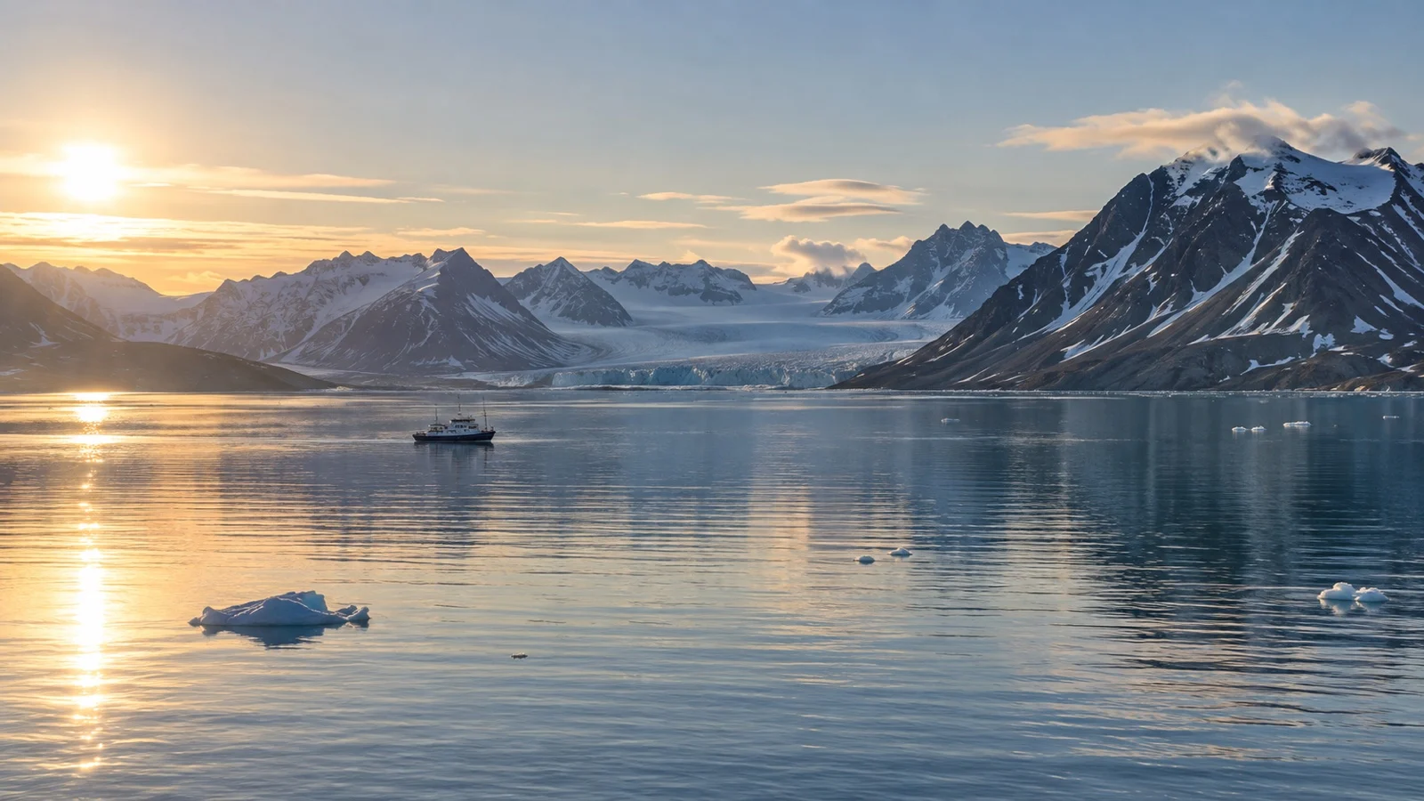 Small expedition boat in Isfjorden beneath Svalbard mountains