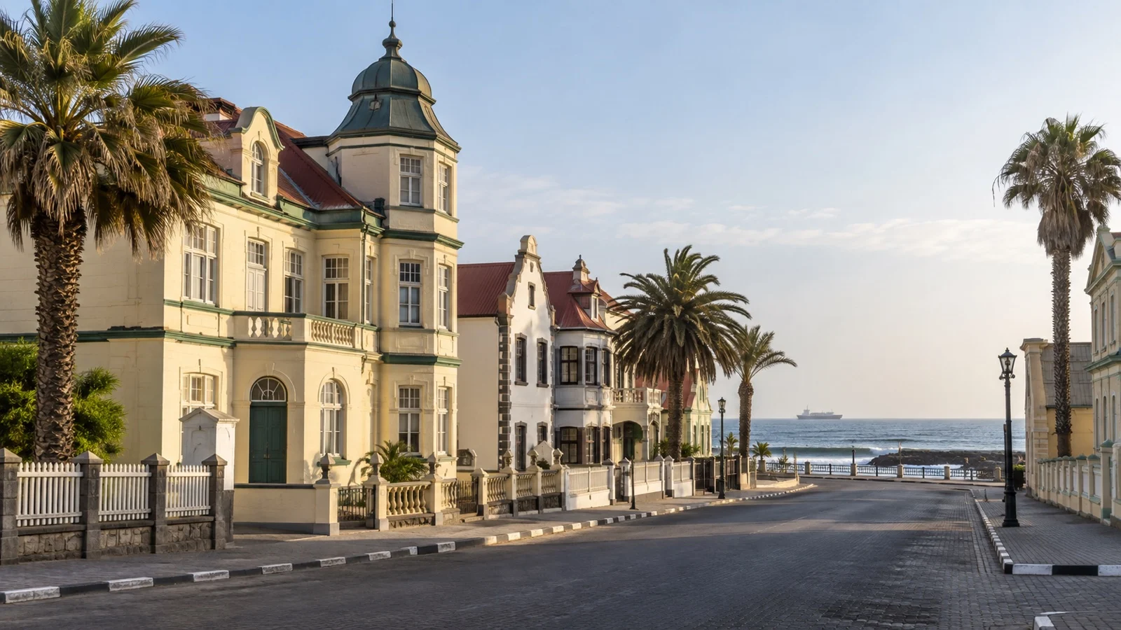 Quiet historic street near the Atlantic seafront in Swakopmund