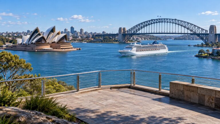 Cruise ship passing Sydney Opera House and Harbour Bridge
