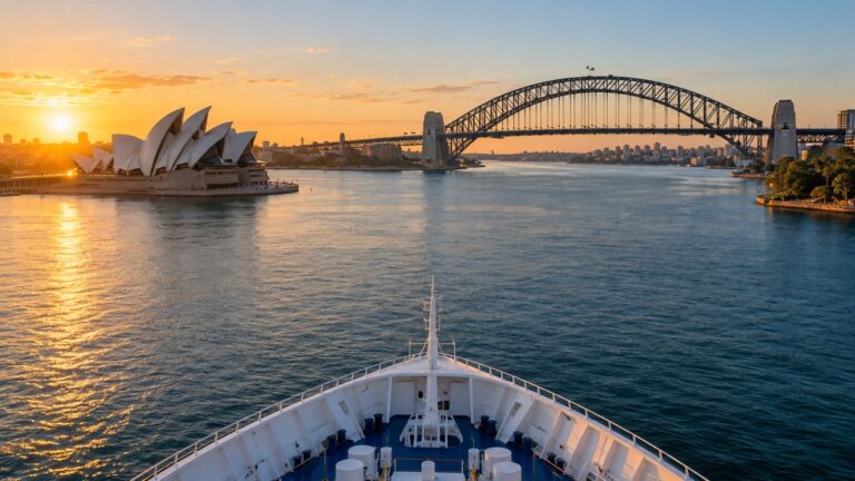 View from cruise ship approaching Sydney Harbour Bridge and Opera House at dawn