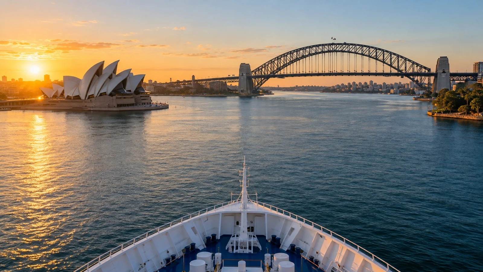 View from cruise ship approaching Sydney Harbour Bridge and Opera House at dawn