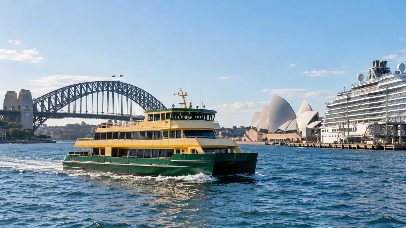 Sydney ferry crossing harbor near cruise terminal, no visible passengers