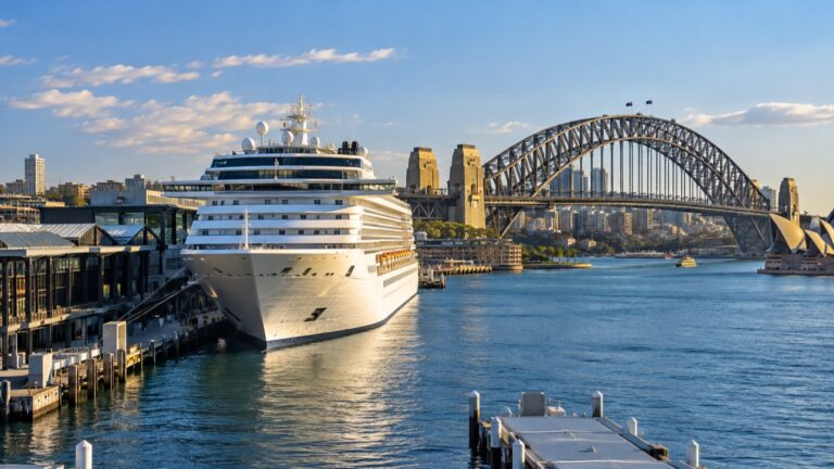 Cruise ship at Sydney Overseas Passenger Terminal near the Harbour Bridge