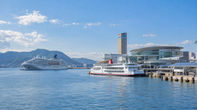 Ferry and cruise ship at Takamatsu harbor in Japan