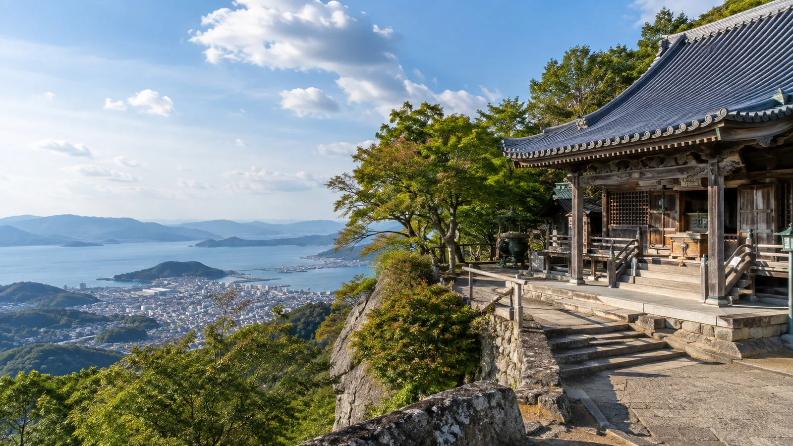 Mountain ridge and Yashimaji temple on Mount Yashima