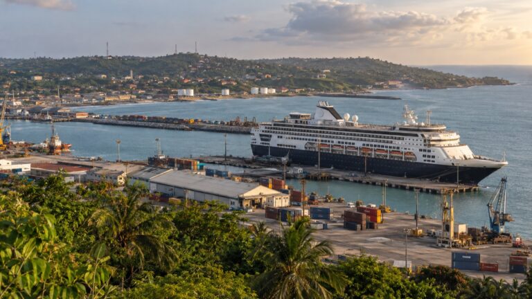 Cruise ship docked at the working port of Takoradi, Ghana
