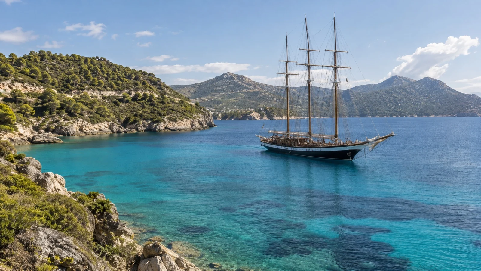 Tall ship cruise vessel anchored in sheltered bay