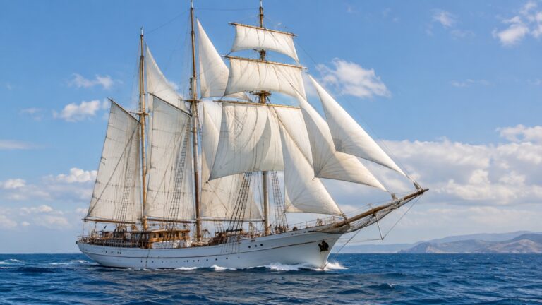 Tall ship cruise vessel under full canvas