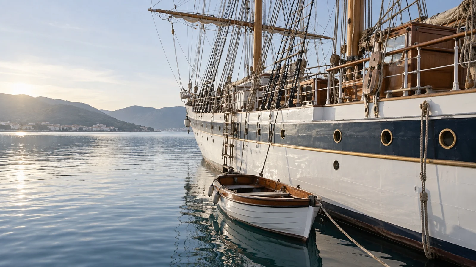 Empty tender boat beside anchored tall ship