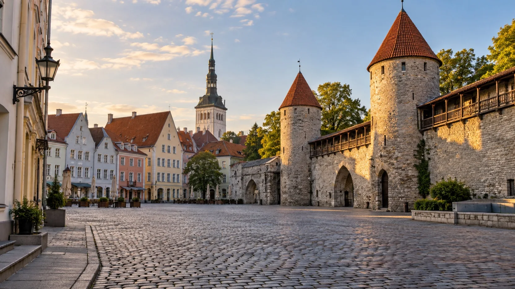 Empty medieval Old Town square and walls in Tallinn